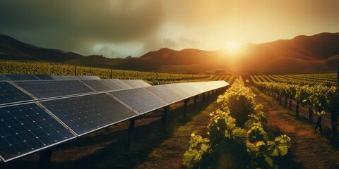 Eco-Elegance in Wine Country: Vineyard Farm Embraces Sustainable Future with Solar Panel Innovation - obrazy, fototapety, plakaty