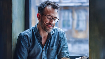 Naklejka premium portrait of a male person wearing glasses relaxing reading a book