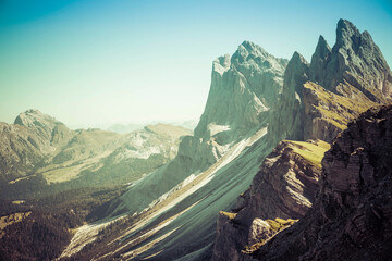 The world famous peaks of Seceda in the Italian Dolomites on a clear day. - obrazy, fototapety, plakaty