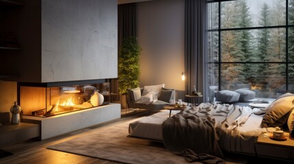 Interior design, stylish modern apartment with a fireplace in the center, small cozy apartment.