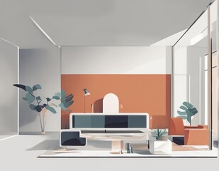 interior of the living room. modern style design with a sofa, coffee, a table and a lamp. 3D rendering interior of the living room. modern style design with a sofa, coffee, a table and a lamp. 3D rend