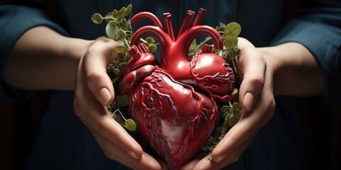 Illustration of heart in the hands of person, the theme of proper eco nutrition. Generative AI