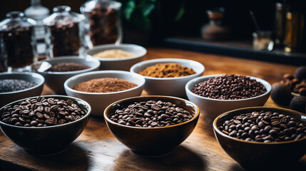 coffee beans and spices - obrazy, fototapety, plakaty