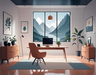 interior design with living room, modern style, 3D illustration interior design with living room, modern style, 3D illustration modern office interior with computer and window