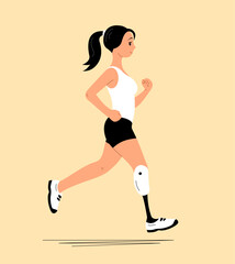 A girl athlete with a bionic prosthetic leg. Exercise running. Recovery and medical and rehabilitation. A fulfilling and happy lifestyle. Vector illustration