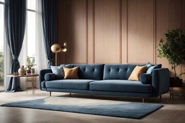 Living Room Interior with a Blue Sofa 3D Rendering