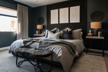 Contemporary bedroom with modern design and decor. Generative AI