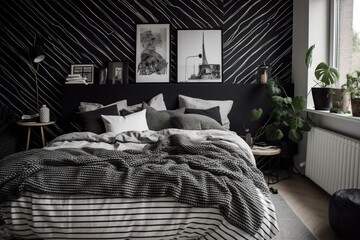 Monochrome bedroom sketched with striped patterns. Generative AI