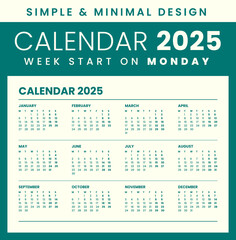 Calendar 2025 simple and minimal design, start week on monday, size A4