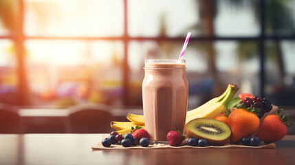 Protein fruit smoothie on a table, blurred background, fruits healthy, drink, fruit, juice,...
