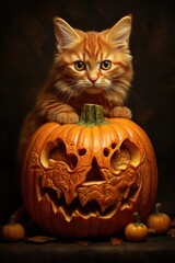 cat with pumpkin - generative ai