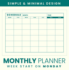 Monthly planner template simple and minimal design, start week on monday, size A4