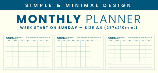 Monthly planner template simple and minimal design, start week on sunday, size A4