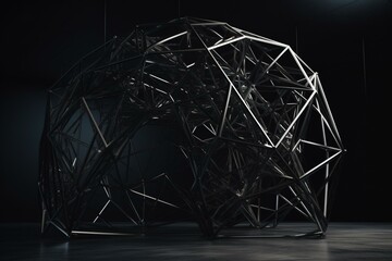 3D rendition of a black construction structure with intertwined lines and a low poly shape. Generative AI