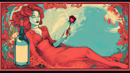 illustration of a beautiful woman with a rose and a bottle of wine