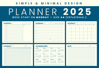 2025 Monthly planner template simple and minimal design, start week on monday, size A4 - obrazy, fototapety, plakaty