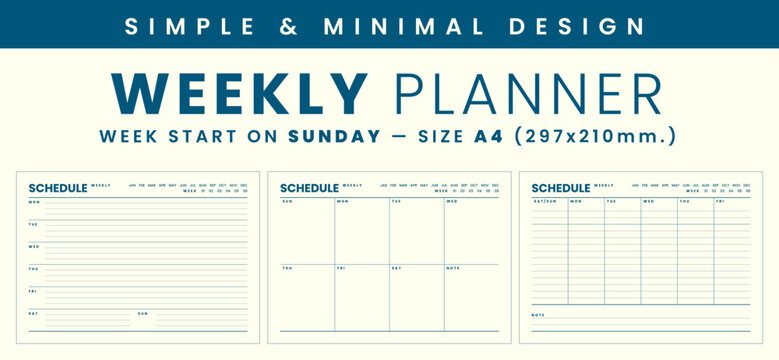 Weekly planner template simple and minimal design, start week on sunday, size A4