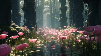 A surreal forest where the trunks of trees are replaced by towering Ethereal Eustoma stems, forming an otherworldly and enchanting woodland.