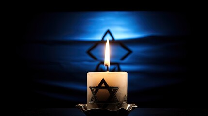 Fototapeta na wymiar a burning candle set against the backdrop of the Israel flag, in observance of International Holocaust Remembrance Day.