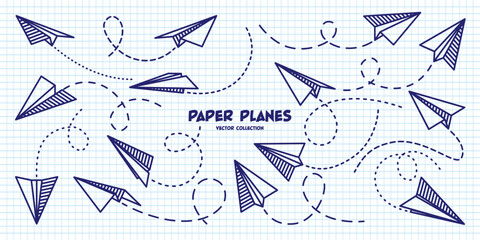 Hand drawn planes on checkered paper sheet. School notebook for drawing. Doodle airplane, dotted route line. Aircraft icon, simple monochrome plane silhouettes. Outline, line art. Vector illustration
