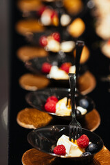 A pleasant evening with a delicious appetizer, a buffet table with appetizers and a set of canap s with ham, bruschetta, pear, cheese, raspberries and other sweets.