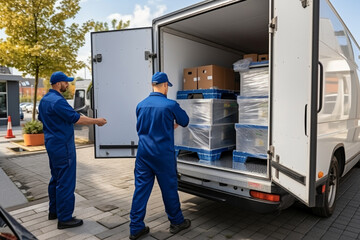 Movers in uniform loading things into a moving truck - obrazy, fototapety, plakaty