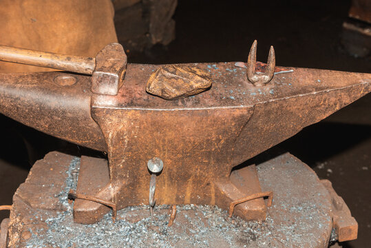 Detailed view of blacksmith anvil and tools