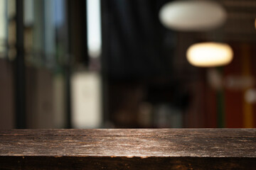 Perspective wooden table and bokeh light background. product display template