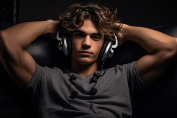 Beauty photo of a 30-year-old European man wearing wireless headphones listening to relaxing music, dark background.