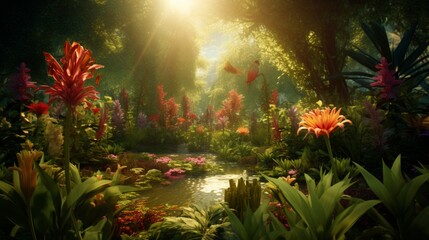 Fototapeta na wymiar A surreal garden in full ultra HD, where exotic, vibrant flowers bloom under the golden sunlight, casting intricate shadows on the lush greenery.