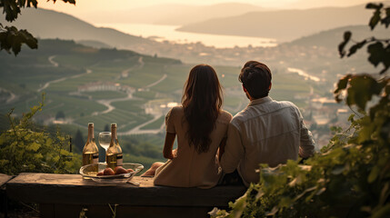 Couple sitting at table in vineyard and looking at beautiful landscape