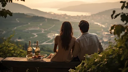 Fotobehang Couple sitting at table in vineyard and looking at beautiful landscape © Юлия Дубина