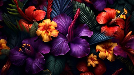 Bold and exotic floral  pattern on dark background
