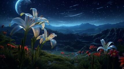 A surreal landscape featuring a Starry Night Lily in a