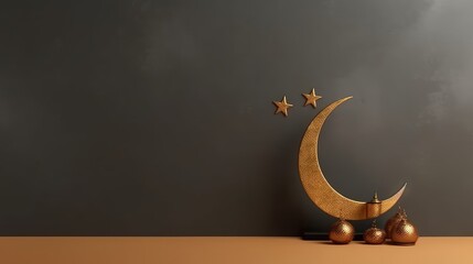 Obraz na płótnie Canvas Eid Mubarak, Muslim holiday, crescent and star, space for text, studio background.