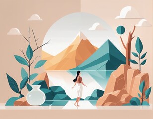 woman with backpack and mountain landscape vector illustration of a man with backpack and a woman in mountains woman traveler with backpack and cup with coffee or coffee. travel and tourism concept. s