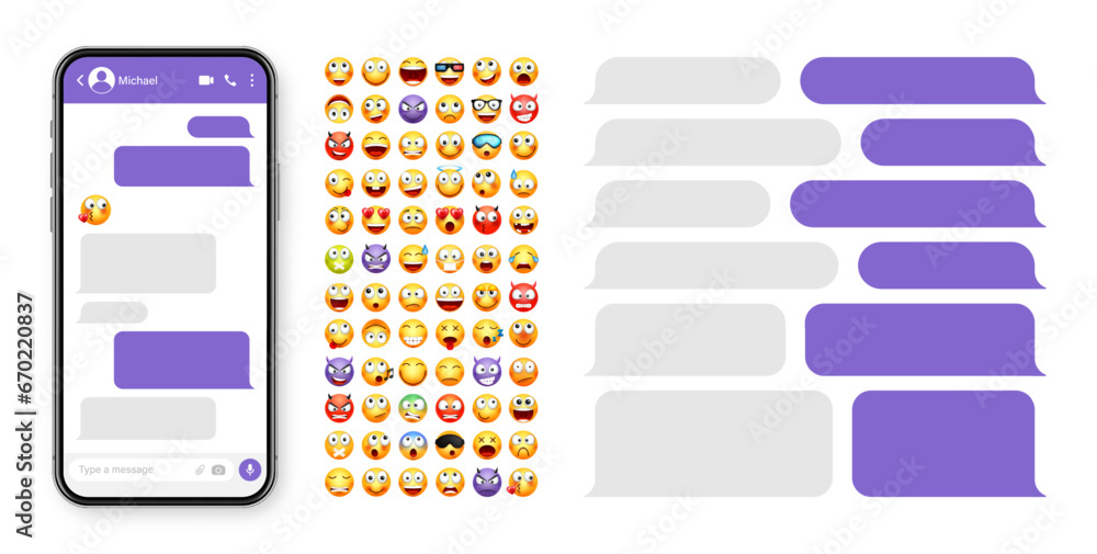 Fototapete smartphone messaging app, user interface design with emoji. sms text frame. chat screen with violet 