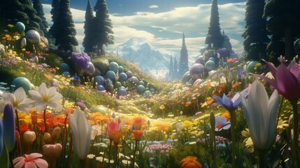 A surreal landscape featuring Dreamshade Daffodils of all colors, shapes, and sizes, creating a...