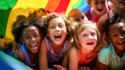 Several little kids in various ethnicity laughing laying on a rainbow flag.