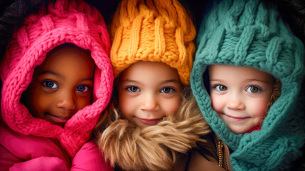 Three little children in various ethnicity are in colorful coats.