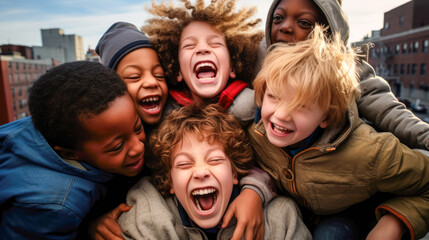 6 children in various ethnicity laughing on the roof of their school in the city. - obrazy, fototapety, plakaty