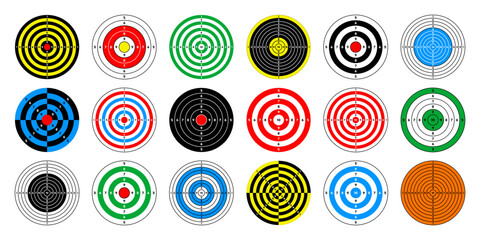 Shooting range paper targets. Round target with divisions, marks and numbers. Archery, gun shooting practise and training, sport competition and hunting. Bullseye and aim. Vector illustration