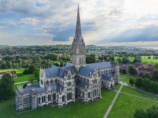 Stunning aerial view of the spectacular historical Salisbury Cathedral with the tallest spire,...