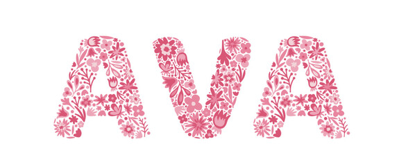 Ava. Female name. Girl name is written by floral letters. Flower pink alphabet. Doodle. Vector