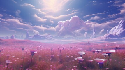 A surreal landscape where Ethereal Eustoma flowers bloom on a vibrant, otherworldly meadow under a...