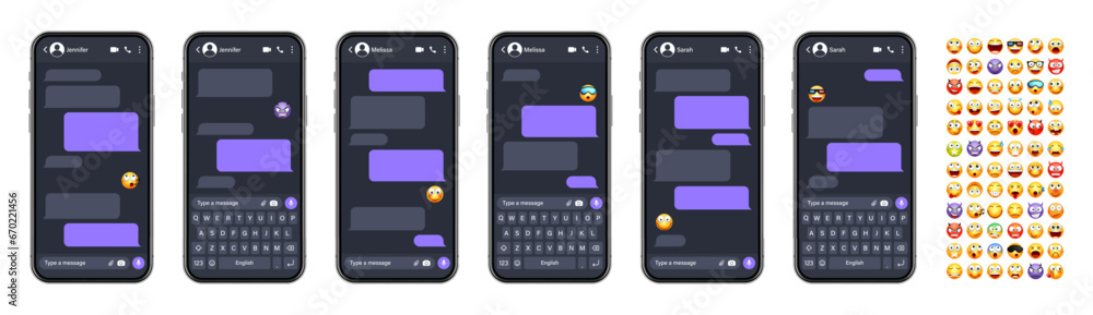 Aufkleber smartphone messaging app, user interface with emoji. sms text frame. chat screen, violet message bub