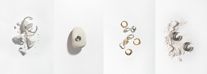 Jewelry made of gold and silver on a white background. Stylish compositions with hard shadows and...