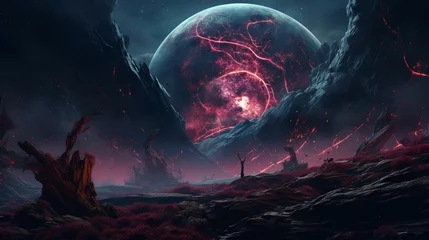 Schilderijen op glas A surreal landscape with a massive Nebula Nettle towering over alien terrain, emitting ethereal energy. © Anmol
