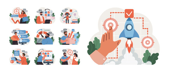 Progress set. Work optimization and efficiency. Character moving towards the goal, target and success. Projects or work tasks. Time optimization and progress checking. Flat vector illustration