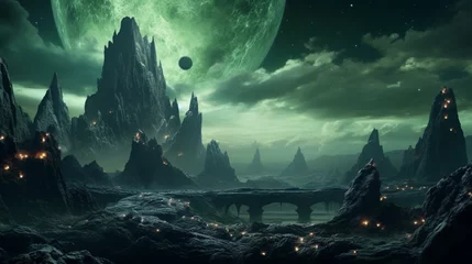 Gardinen A surreal landscape with a massive Nebula Nettle towering over alien terrain, emitting ethereal energy. © Anmol